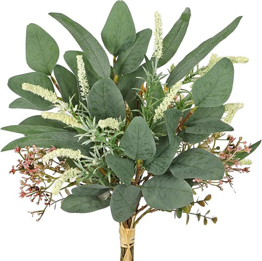 Fake Eucalyptus Bouquet Artificial Eucalyptus with Sage Leaves Faux Greenery Bush for Bathroom Kitchen Table Farmhouse Decoration