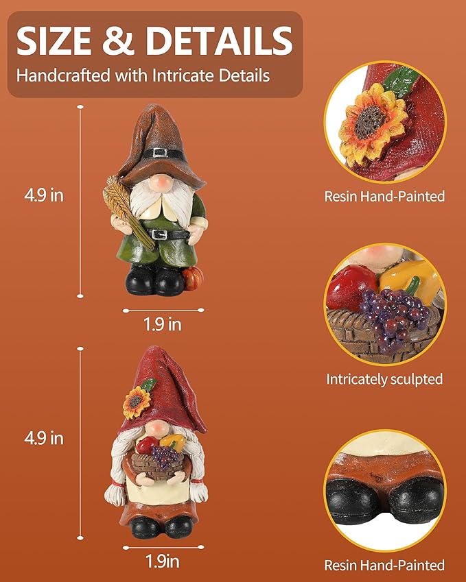 Thanksgiving Gnomes Figurines - Set of 2 Durable Resin 5'' Festive Autumn Decor - Fall Tiered Tray Decor Gnome Gifts Decoration for Home and Garden (Fall Gnomes)