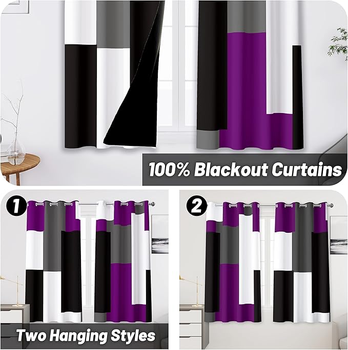 Purple 100% Blackout Curtains for Bedroom 45 inch Length 2 Panels Set Grey Modern Abstract Geometric Black Out Curtains Insulated Room Darkening Window Drapes for Living Room, 52Wx45L
