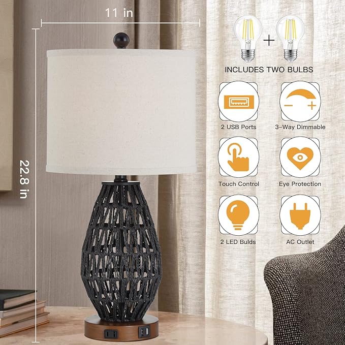Touch Control Rattan Table Lamps, 3 Way Dimmable Bedside Lamps for Bedroom Set of 2 with 2 USB Ports and AC Outlet, Black Wicker Nightstand Lamps for Living Room (LED Bulbs Included)