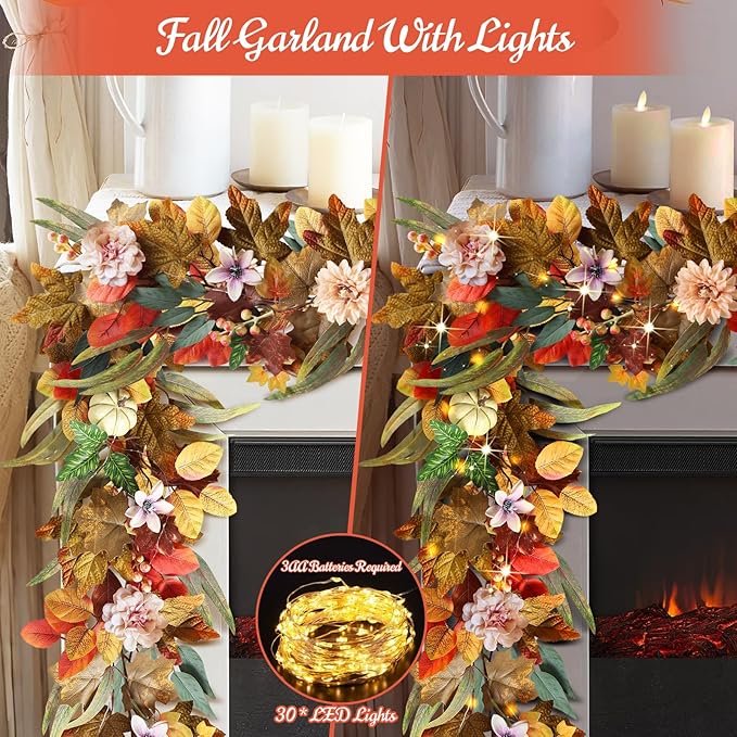 Fall Garland with Lights, 6 FT Fall Leaves Vine Garland with Pumpkins Sunflower Dahlia Flower Autumn Artificial Maple Leaf Decorations for Mantle Outdoor Indoor Thanksgiving Halloween Window Decor