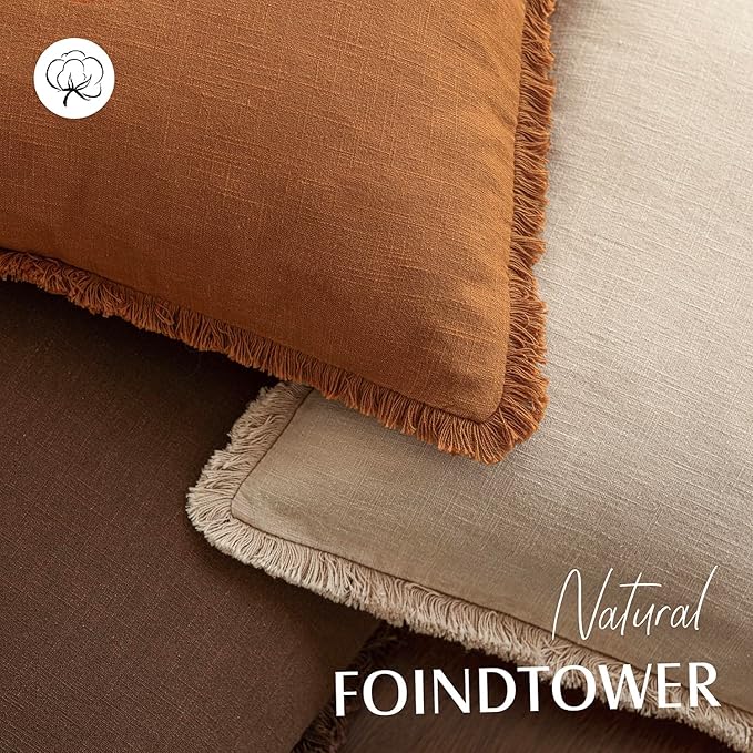 Foindtower Set of 2 Decorative Linen Fringe Throw Pillow Covers Cozy Boho Farmhouse Cushion Cover with Tassels Soft Accent Pillowcase for Couch Sofa Bed Living Room Home Decor, 20×20 Inch, Orange