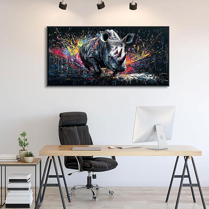QZQCBLC Large Canvas Wall Art - Black and White Abstract Graffiti Pop Street Paintings Artwork Rhino Colorful Pictures for Living room Bedroom Bar Men's Teenager Game Room Modern Home Decor 24X48