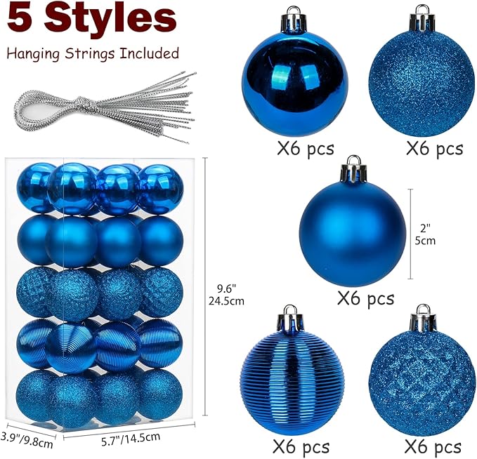30PCS 2" Christmas Ball Ornaments Shatterproof Blue Christmas Tree Decorations Xmas Tree Balls Halloween Ornaments Décor