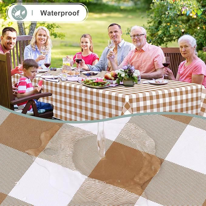 misaya Rectangle Waterproof Vinyl Table Cloth, Buffalo Flannel Backed Tablecloth, Wipeable Plastic Table Cover for Fall, Thanksgiving (54" x 78", Brown and White)