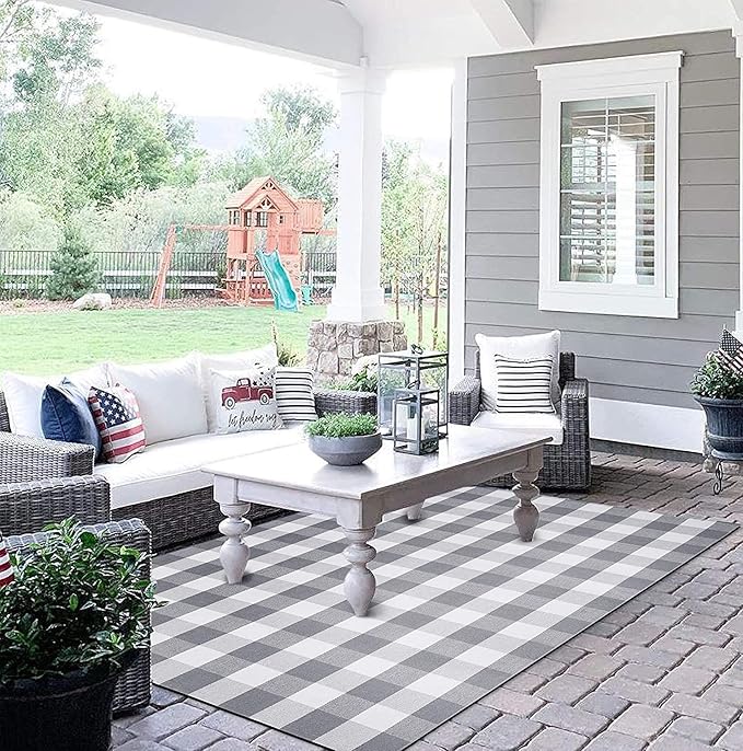 KOZYFLY Buffalo Plaid Area Rug 5 x 7 Ft Gray and White Checkered Rug Washable Outdoor Patio Rugs Cotton Rugs for Living Room Carpet Dining Room Bedroom Farmhouse Rug