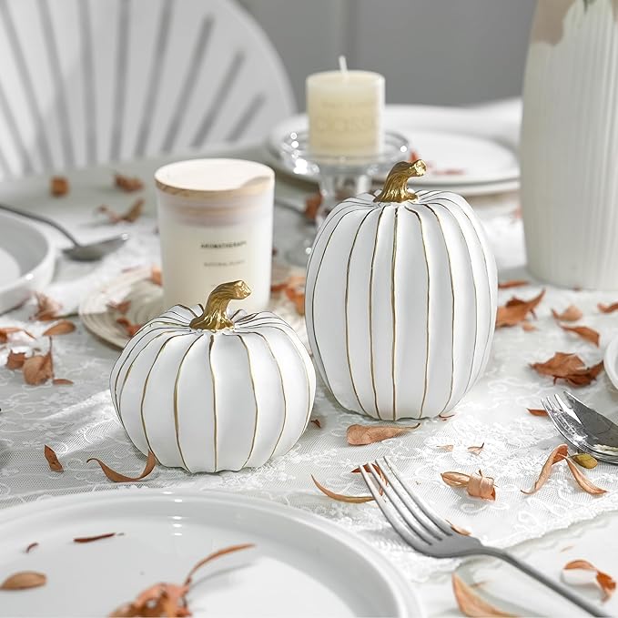 Fall Pumpkin Decor, White and Gold Decorative Pumpkins, Thanksgiving Resin Pumpkins Figurine Set of 2, Elegant Fake Pumpkin Statues for Fall Home Decor, Tabletop Centerpiece, Harvest, Wedding