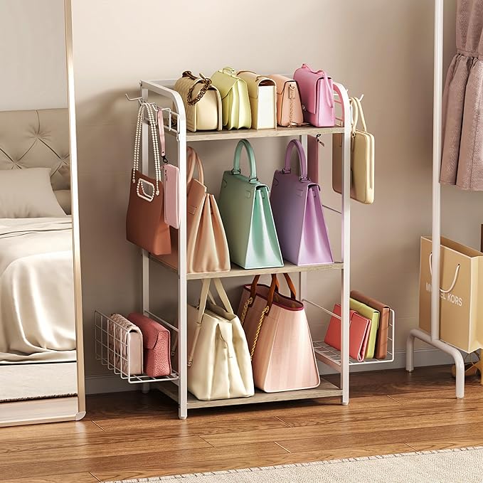 White Purse Organizer, 3-Tier Floor Standing Bag Rack Stand Featuring Side Hooks and Baskets, Adjustable Feets, High Capacity Metal & Wood Handbag Holder Design for Closet Storage, Patent Pending