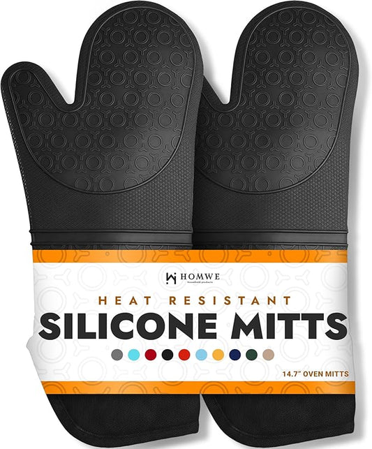 BPA-Free Silicone Oven Mitts Ultra Heat Resistant up to 500°F - Oven Mitts with Thick Cotton Liner - Long Slip Resistant Pot Holders, Flexible Oven Gloves - Black 14.7