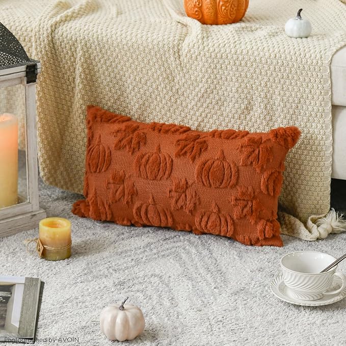 AVOIN colorlife Fall Pumpkin Maple Leaves Caramel Throw Pillow Covers, 12 x 20 Inch Seasonal Autumn Thanksgiving Harvest Soft Plush Faux Fur Jacquard Cushion Case Decoration for Sofa Set of 2