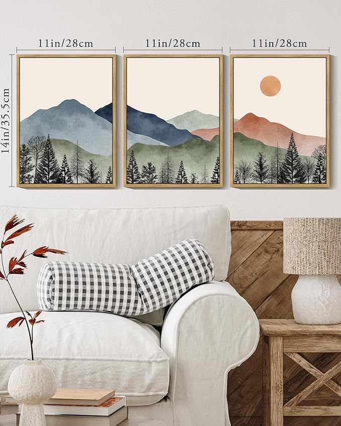 KUVIOKE Mountain Landscape Framed Wall Decor Boho Sun Rise Watercolor Nature Art Prints Farmhouse Rustic Bedroom Dining Living Room Decor 11x14in (Natural Framed)