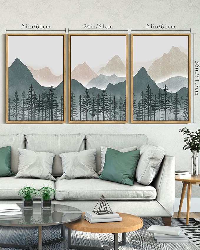 KUVIOKE Mountain Landscape Framed Wall Art Boho Nature Forest Paints Rustic Farmhouse Decor for Bedroom Dining Room Living Room 24x36in (Natural Framed)