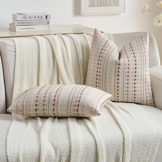 FUTEI Pink Blue Decorative Throw Pillow Covers 24x24 Inch Set of 2,Soft Cozy Chenille Jacquard Textured Euro Pillow Shams,Boho Home Decor for Couch Bed Living Room