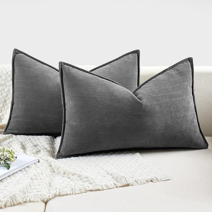 MIULEE Pack of 2 Dark Grey Decorative Lumbar Pillow Covers 12x20 Inch Soft Chenille Luxurious Couch Throw Pillows Farmhouse Cushion Covers with Elegant Design for Sofa Bedroom Living Room Home Decor