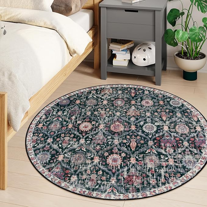Lahome Moroccan Trellis Round Area Rugs, Washable Small Round Rug 3ft Non-Slip, Soft Vintage Ultra-Thin Circle Carpet for Bedroom Entryway Kitchen Laundry Bathroom, Black/Multi