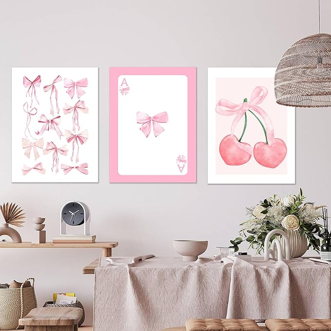 WRFON Trendy Pink Bows Canvas Wall Art, Vintage Preppy Cherry Poster Prints, Pink Watercolor Bows Wall Decor, Coquette Girly Room Aesthetic Pictures for College Apartment Bedroom Unframed 12"x16"x3