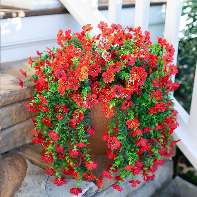 HyeFlora Artificial Hanging Flowers for Outdoors Decoration, 2Pcs Red Fake Spring Summer Decor, Realistic Plants, UV & Fading Resistant Flower for Porch Patio Balcony Planter Yard Home Garland