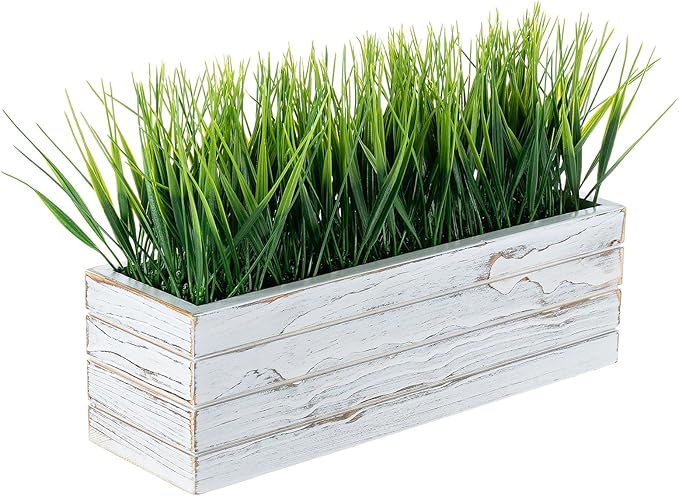 MyGift 14 Inch Artificial Green Grass Plant in Shabby White Washed Wood Planter Window Box - Faux Greenery in Rectangular Crate Style Wooden Container