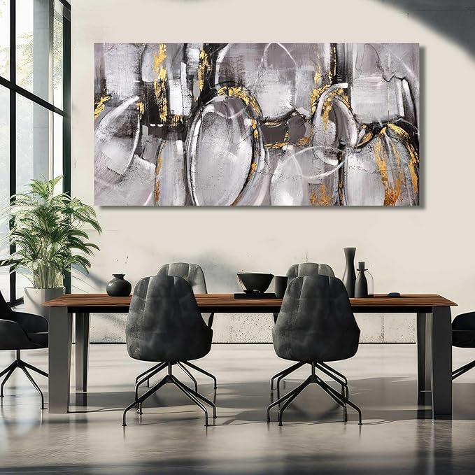 XIANSHOU Black and Grey Painting Pictures Abstract Wall Decor for Office 29"x 58" Modern Artwork Gold Foil Wall Art for Living Room Dining Room Bedroom