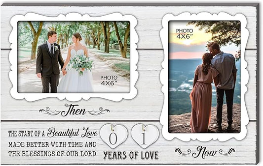 White Farmhouse Wife and Husband 2 Slot Picture Frame Holds 4X6 Inches Photos,1-99 Years of Love Anniversary Wedding Marriage Blessing Gifts for Couples