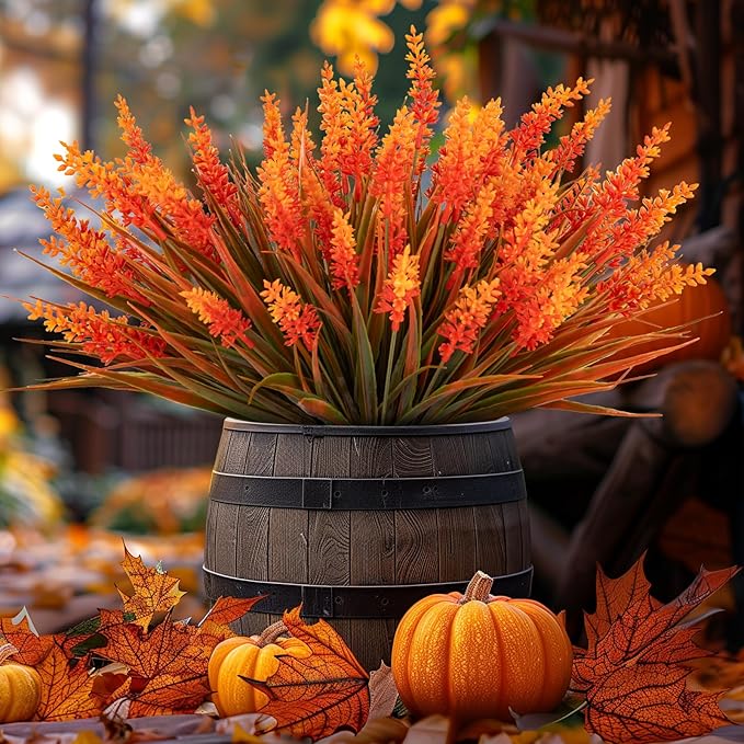 Artificial Fall Flowers for Outdoor Plants 12 Bundles Fake Lavender Plastic Faux Monkey Grass for Verandah Window Garden Office Patio Front Porch UV Resistant for Planter(Autumn Orange)