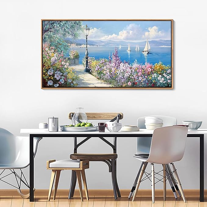 Blue Coastal Wall Art Ocean Canvas Flowers Painting Landscape Sailboat Picture White Yellow Artwork Modern Seascape Large Framed for Living Room Bedroom Home Office Decor Size 24x48 Inches