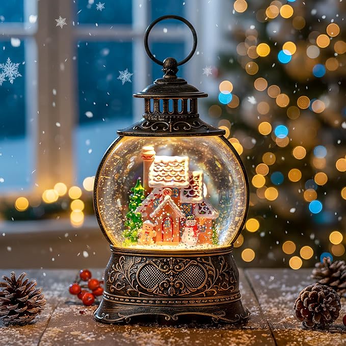 Christmas Snow Globe Lighted Gingerbread House Scene, Musical Snow Water Lantern Swirling Glittering Home Decoration and Gift, Battery Operated or USB Powered