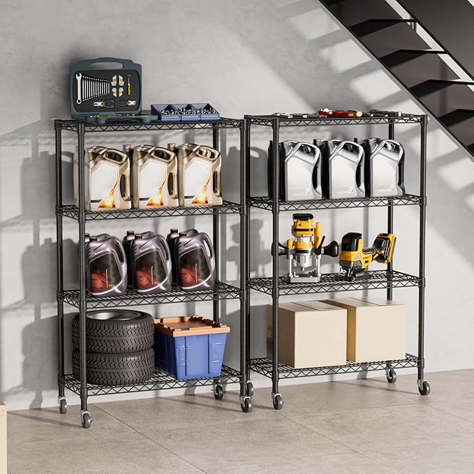 SINGAYE 4 Tier Adjustable Storage Shelf with Wheels Heavy Duty Shelving Unit Rack Shelves Wire for Garage Office Pantry Kitchen 14" Dx36 Wx58 H 1400LBS Black