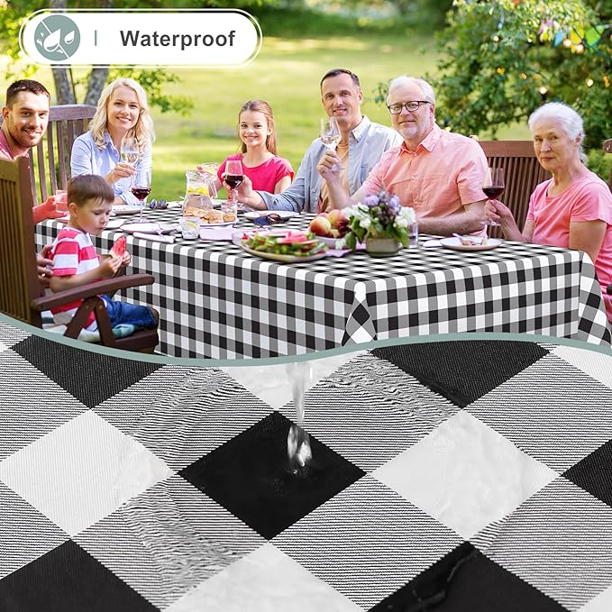 misaya Rectangle Waterproof Vinyl Table Cloth, Buffalo Flannel Backed Tablecloth, Wipeable Plastic Table Cover for Dinner, Kitchen, Outdoor (54" x 108", Black and White)