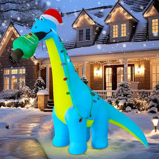 DR.DUDU 12 FT Christmas Inflatable Outdoor Decorations, Large Blow Up Dinosaur Inflatables with Santa Hat Christmas Tree Light up Giant Xmas Holiday Decor for Yard Lawn Garden Outside