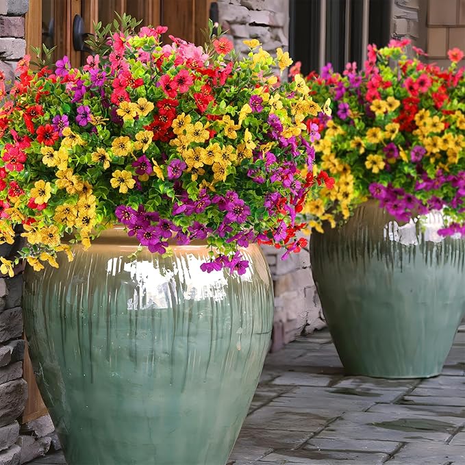 36 Bundles Artificial Flowers Outdoors UV Resistant Fake Plastic Spring Mum Flowers Colorful Silk Plants for Outside Porch Window Patio Home Decor(36, Red, Purple, Yellow, Rose Red)