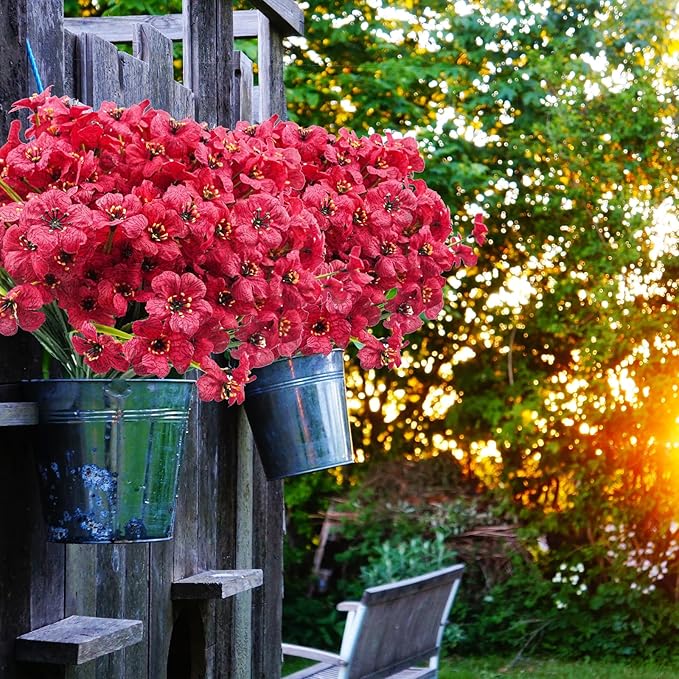 Uieke 72 Bundles Artificial Fake Flowers Outdoor UV Resistant Faux Plants Plastic Cemetery Flowers No Fade Outside Home Garden Porch Window Box Summer Décor -Rose Red