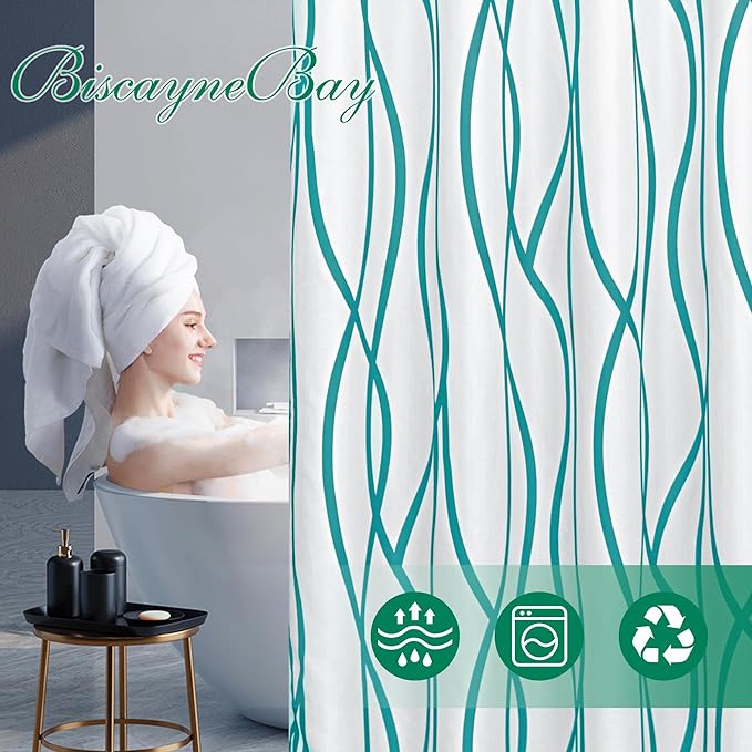 Biscaynebay Extra Long Textured Fabric Shower Curtain 72 W x 84 L, Turquoise Striped Printed Linen Modern Hotel Luxury Quality Cloth Bathroom Curtains Machine Washable