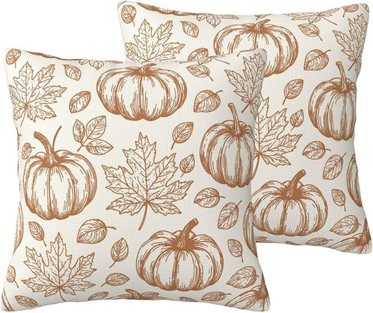 Fall Pumpkin Pillow Covers 18x18 inch Set of 2, Linen Autumn Outdoor Thanksgiving Harvest Fallen Leaves Rustic Farmhouse Decorations for Sofa Couch