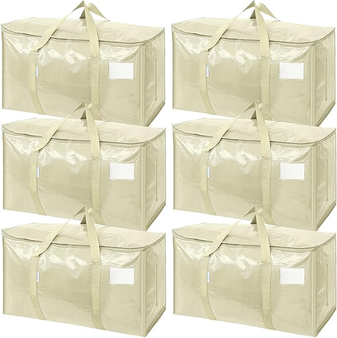 TICONN 6 Pack Extra Large Moving Bags with Zippers & Carrying Handles, Heavy-Duty Storage Tote Moving Boxes for Space Saving (6 Pack, Cream)