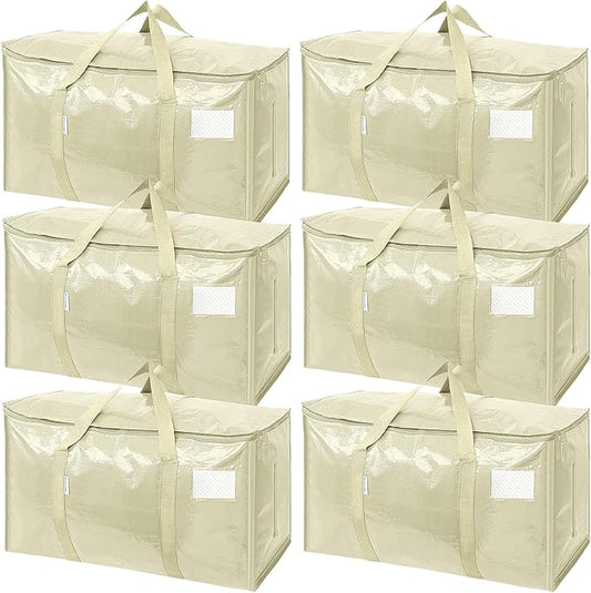 TICONN 6 Pack Extra Large Moving Bags with Zippers & Carrying Handles, Heavy-Duty Storage Tote Moving Boxes for Space Saving (6 Pack, Cream)