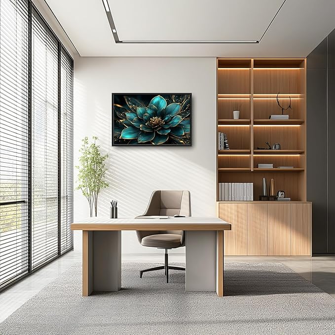 Framed Large Wall Art for Living Room, Teal Flower Canvas Wall Decor, Large Picture Framed Painting, Modern Artwork for Bedroom Office Home Decor 36L'' × 24W''