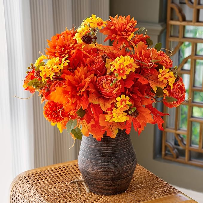 Anna's Whimsy 2 Pcs Fall Artificial Flowers,Artificial Plants Indoor, Fall Decor Silk Flowers Bouquet for Home Wedding Thanksgiving Decoration (Orange, 2)