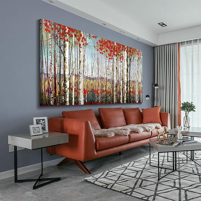 Canvas Wall Art for Living Room Bedroom Modern Wall Decor of Red Leaves White Birch Tree Forest Painting Artwork Wall Decoration 29x58 Large Size with Wood Framed Easy to Hang for Home