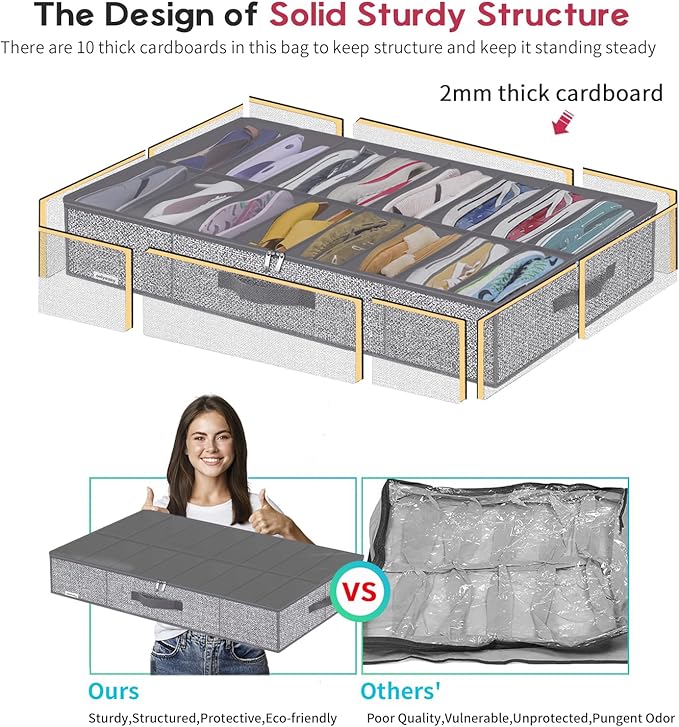 Onlyeasy Sturdy Under Bed Shoe Storage Organizers with Handles & Clear Window (16 to 32 Pairs) 2 Pack, Closet Shoes Containers Boxes for Kids & Adults, 37.7"x23.6"x5.9", Linen-like Grey, MXDUBS16P2
