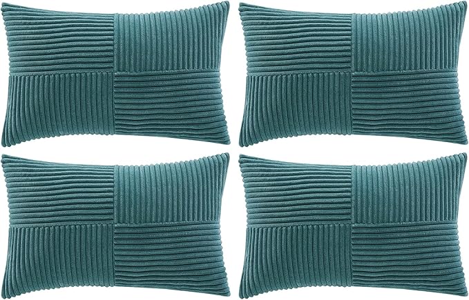 Fancy Homi 4 Packs Teal Lumbar Decorative Throw Pillow Covers 12x20 Inch for Living Room Couch Bed Sofa, Rustic Farmhouse Boho Home Decor, Soft Striped Corduroy Rectangle Accent Cushion Case 30x50 cm