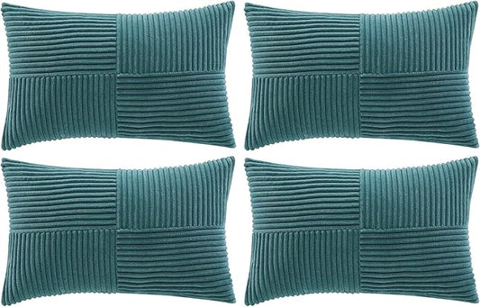 Fancy Homi 4 Packs Teal Lumbar Decorative Throw Pillow Covers 12x20 Inch for Living Room Couch Bed Sofa, Rustic Farmhouse Boho Home Decor, Soft Striped Corduroy Rectangle Accent Cushion Case 30x50 cm