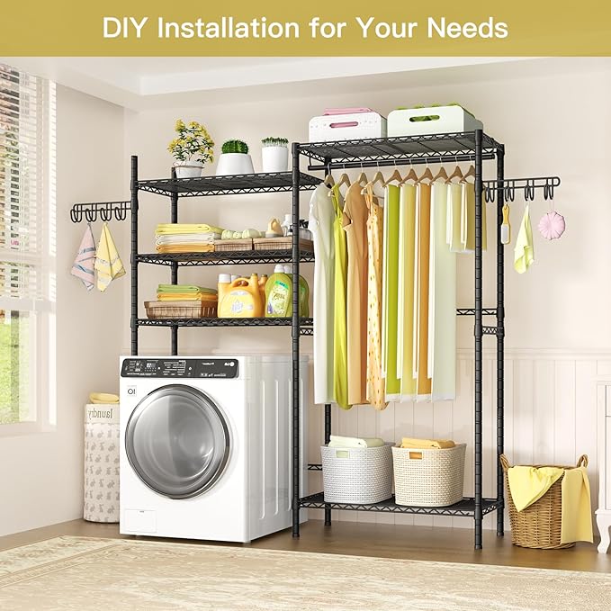 Ulif U5 Over the Washer and Dryer Storage Shelf, Laundry Room Space Saver Bathroom Storage and Organizer Rack for Hanging Towels and Drying Clothes with 5 Wire Shelves, 58.2"W x 13.4"D x 77.5"H, Black