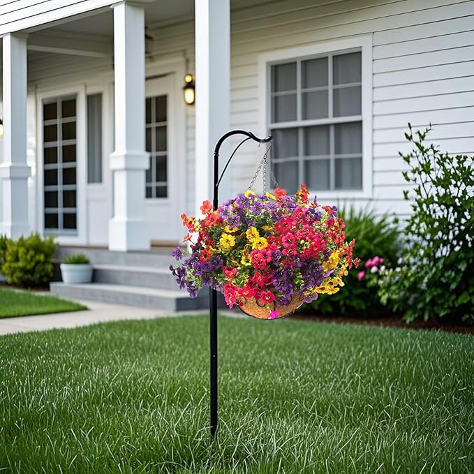 Artificial Hanging Flowers Basket with Colorful Silk Daisies & Eucalyptus - UV/Sun-Resistant Plant for Outdoor Porch, Patio, Balcony - Indoor/Outdoor Home Decor