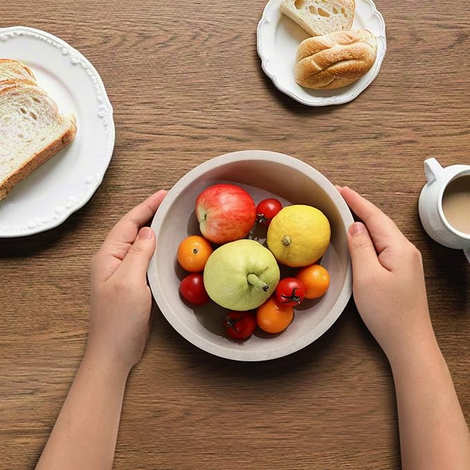 Marble Fruit Bowl for Kitchen Counter - Decorative Serving Bowl with Gray Travertine Design, Modern Home Decor (7.8 Inch)