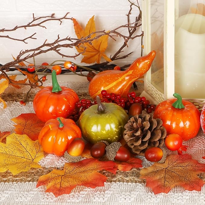 winemana 57pcs Fall Decorations for Home - Small Pumpkins for Decorating with Fake Leaves, Gourds & Pinecones -Thanksgiving Decor for Table Centerpiece Indoor Room Autumn Harvest Decor