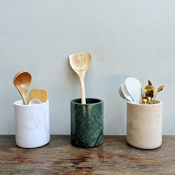 Handmand Natural Marble Stone Vintage Kitchen Utensil Holder - 5.1" D X 6.3" H Kitchen Counter Organizers and Storage Tool Crock (Jazz White)