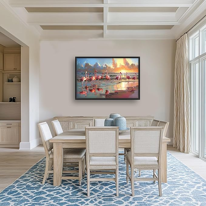 Flamingo Large Framed Wall Art Oversized Sea Coastal Beach Sunrise Pictures Wall Decor Seascape Canvas Print Painting Aesthetic Modern Artwork for Living Room Bedroom Office Bathroom Home Decor 36L"x24W"