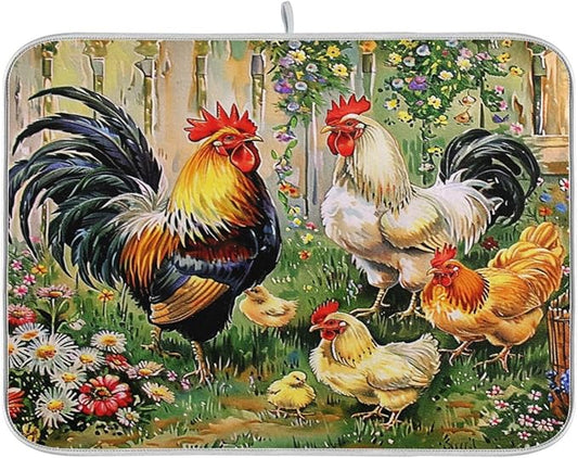 Rooster Flowers Dish Drying Mat 18 X 24 Inch Farm Cock Chick Floral Kitchen Rack Mats Dry Dishes Pads Tableware Mat Absorbent Microfiber Protector for Kitchen Countertops Counter Home Decor