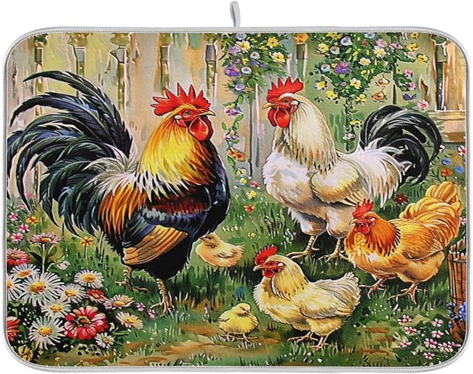 Rooster Flowers Dish Drying Mat 16 X 18 Inch Farm Cock Chick Floral Kitchen Rack Mats Dry Dishes Pads Tableware Mat Absorbent Microfiber Protector for Kitchen Countertops Counter Home Decor